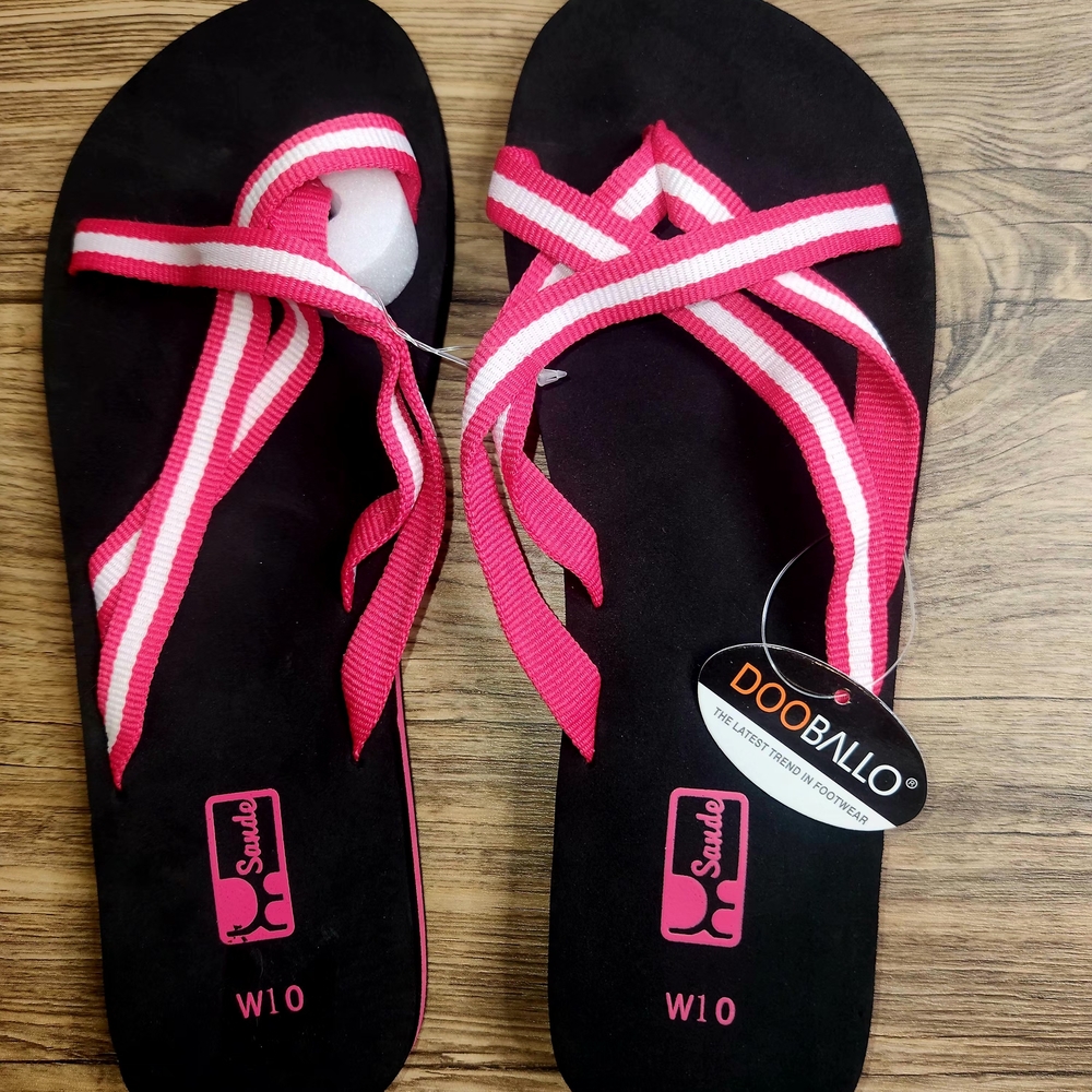 Sande Dooballo Flip Flop Sandals w/black Footbeds Hot Pink/Wht Straps Wom Sz 10 - Picture 3 of 7